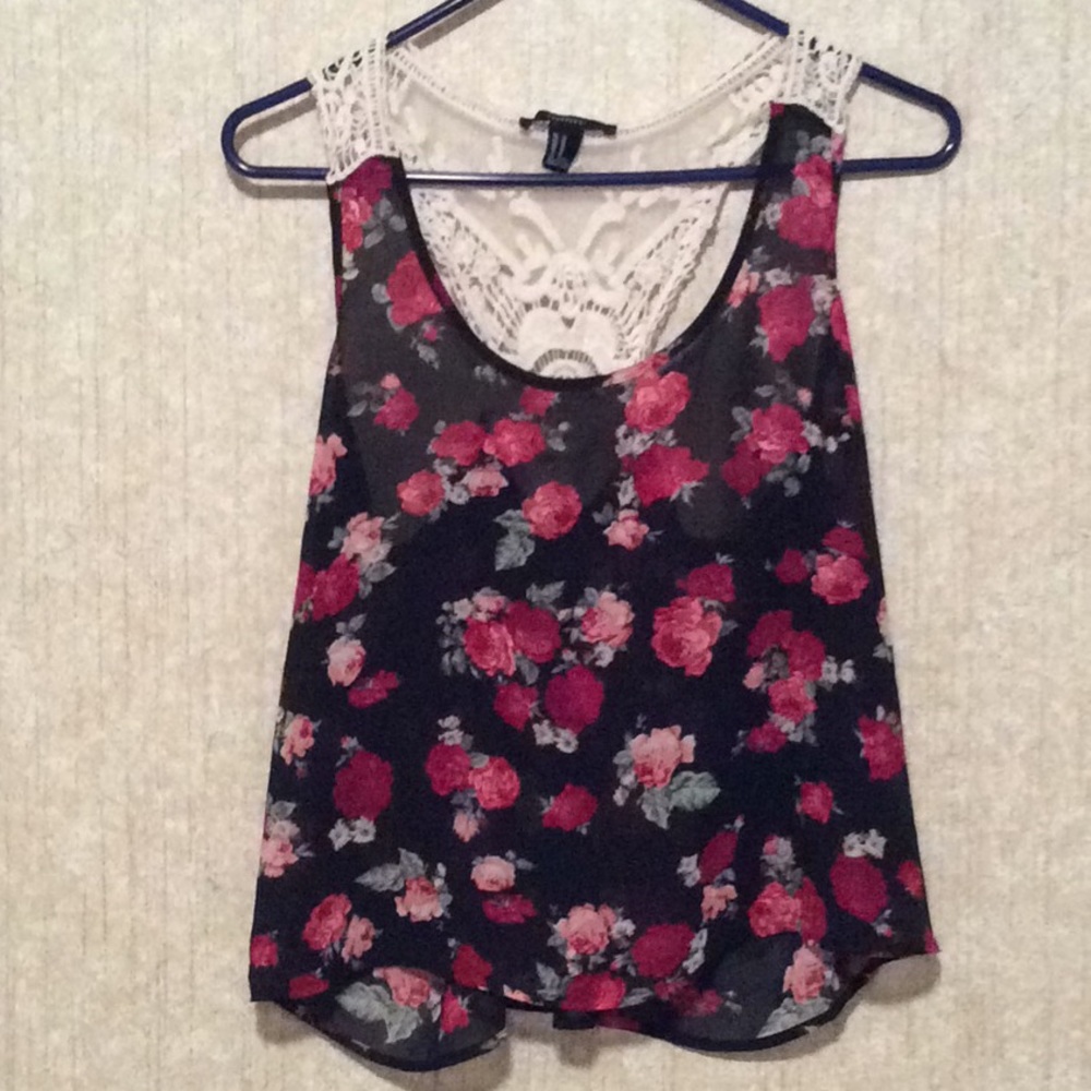 Sheer black tank top with Rose design and Lace